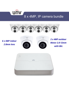 6x 4MP internal & 2 x 4MP Motor VF, MIC, external Turret Cameras  with NVR Uniview (UNV) bundle